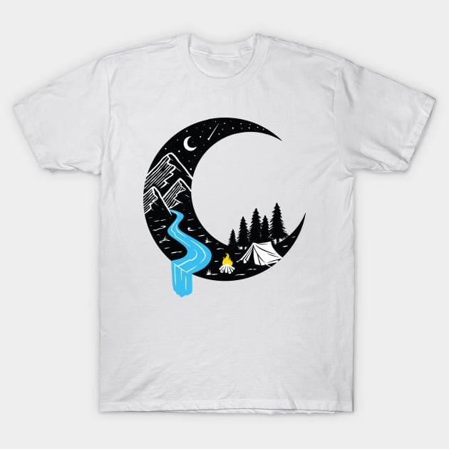 Crescent Moon and Camping T-Shirt by edwardechoblue